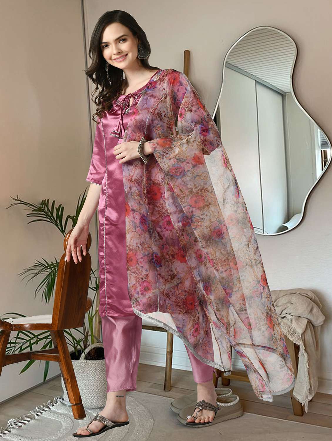 women solid with work three quarter sleeve kurta pant with dupatta set - 22404310 -  Standard Image - 3