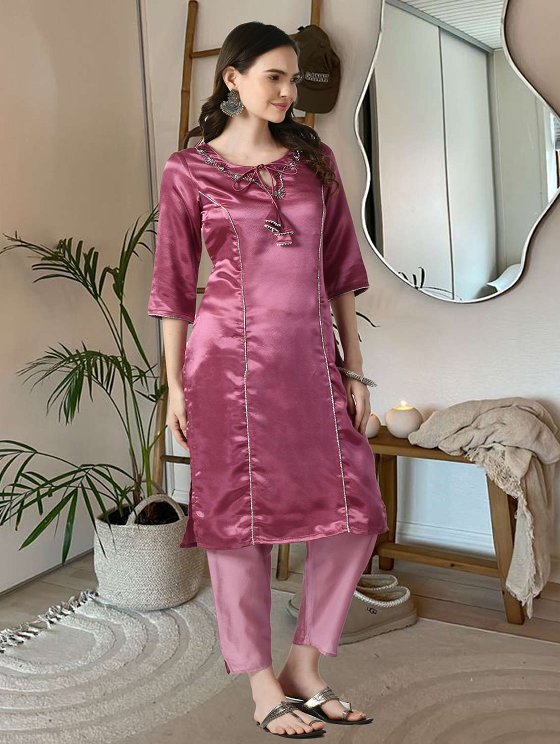 women solid with work three quarter sleeve kurta pant with dupatta set - 22404310 -  Standard Image - 5