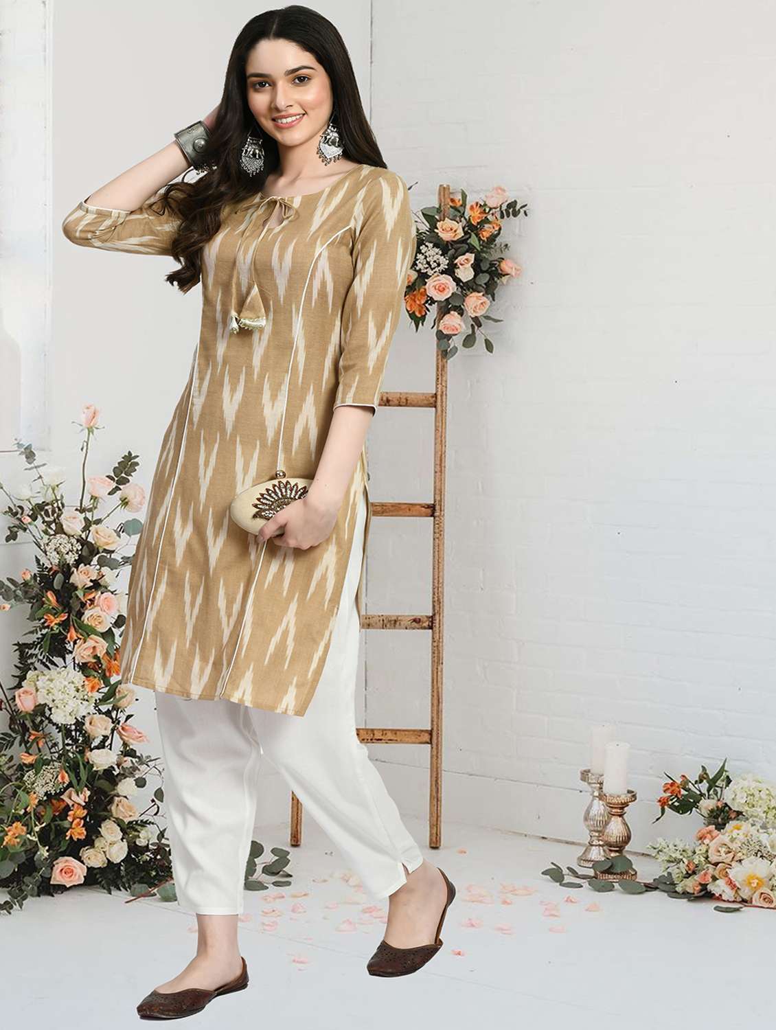 women printed three quarter sleeve kurta pant set