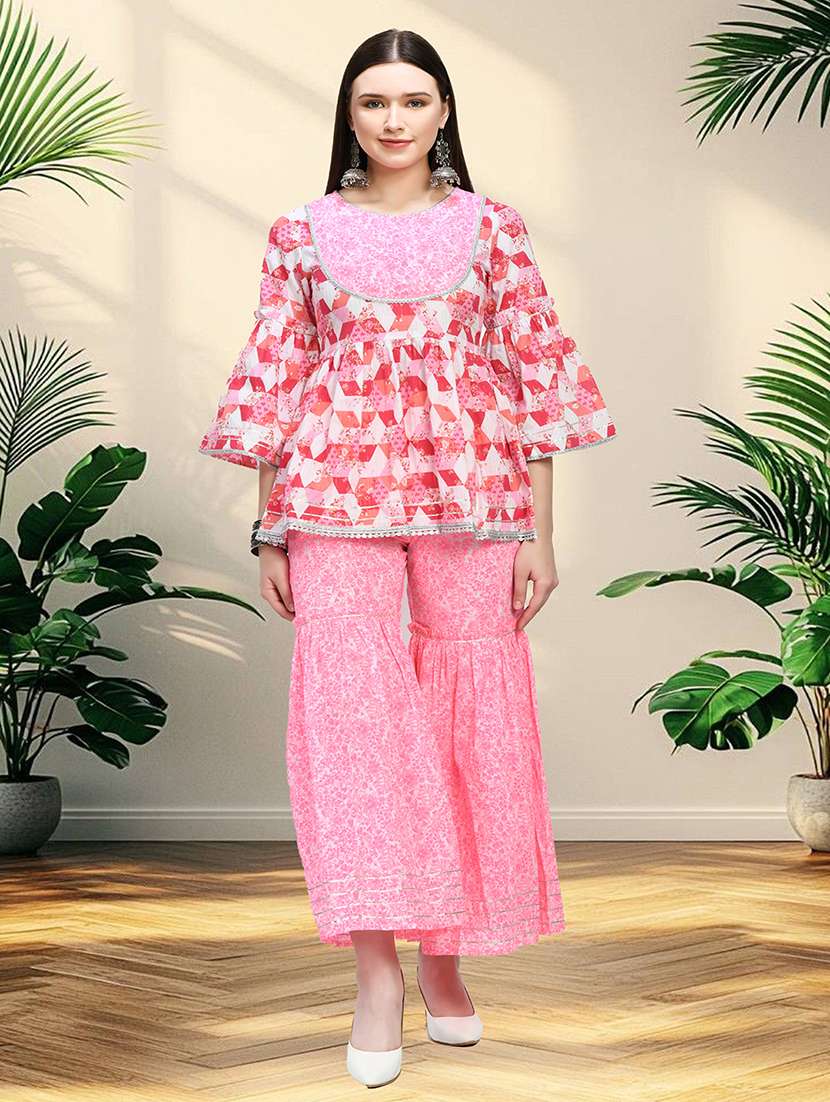 women printed three quarter sleeve kurta sharara with dupatta set