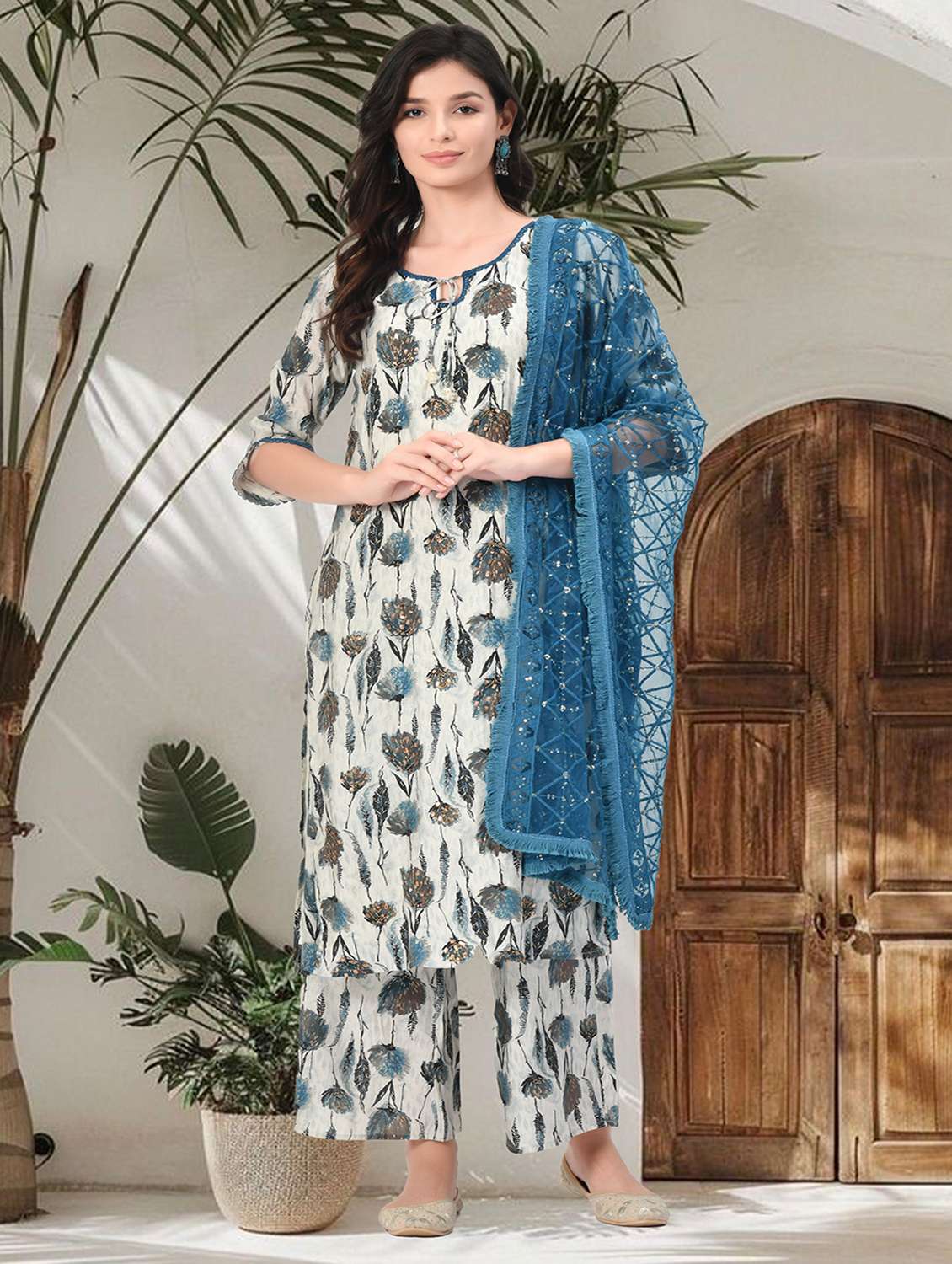 women floral three quarter sleeve kurta palazzo with dupatta set