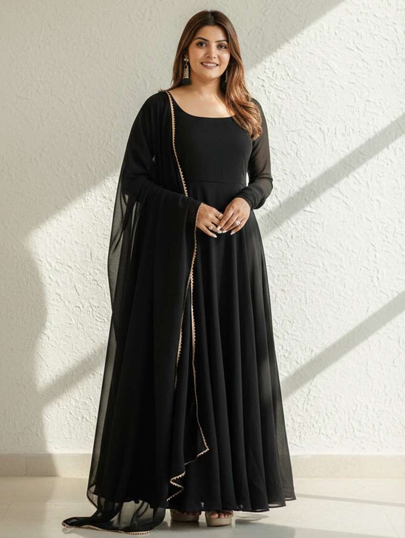 women solid long sleeve kurta with dupatta set