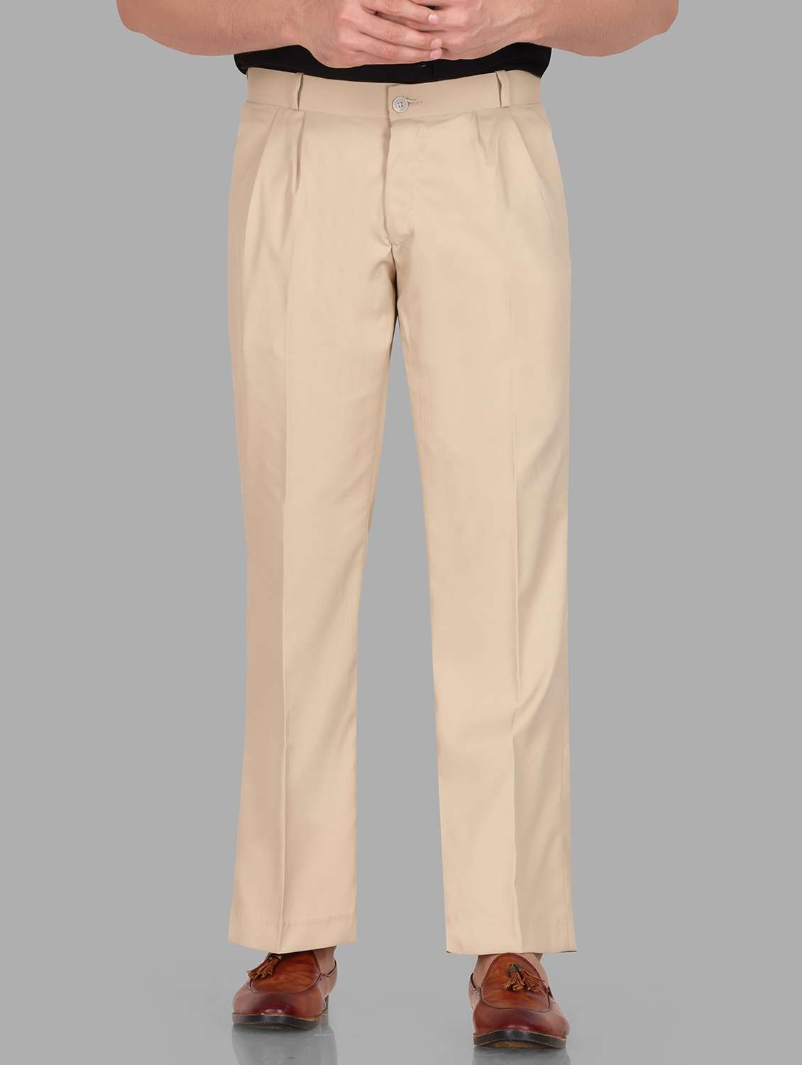men khaki lycra blend wide leg trouser