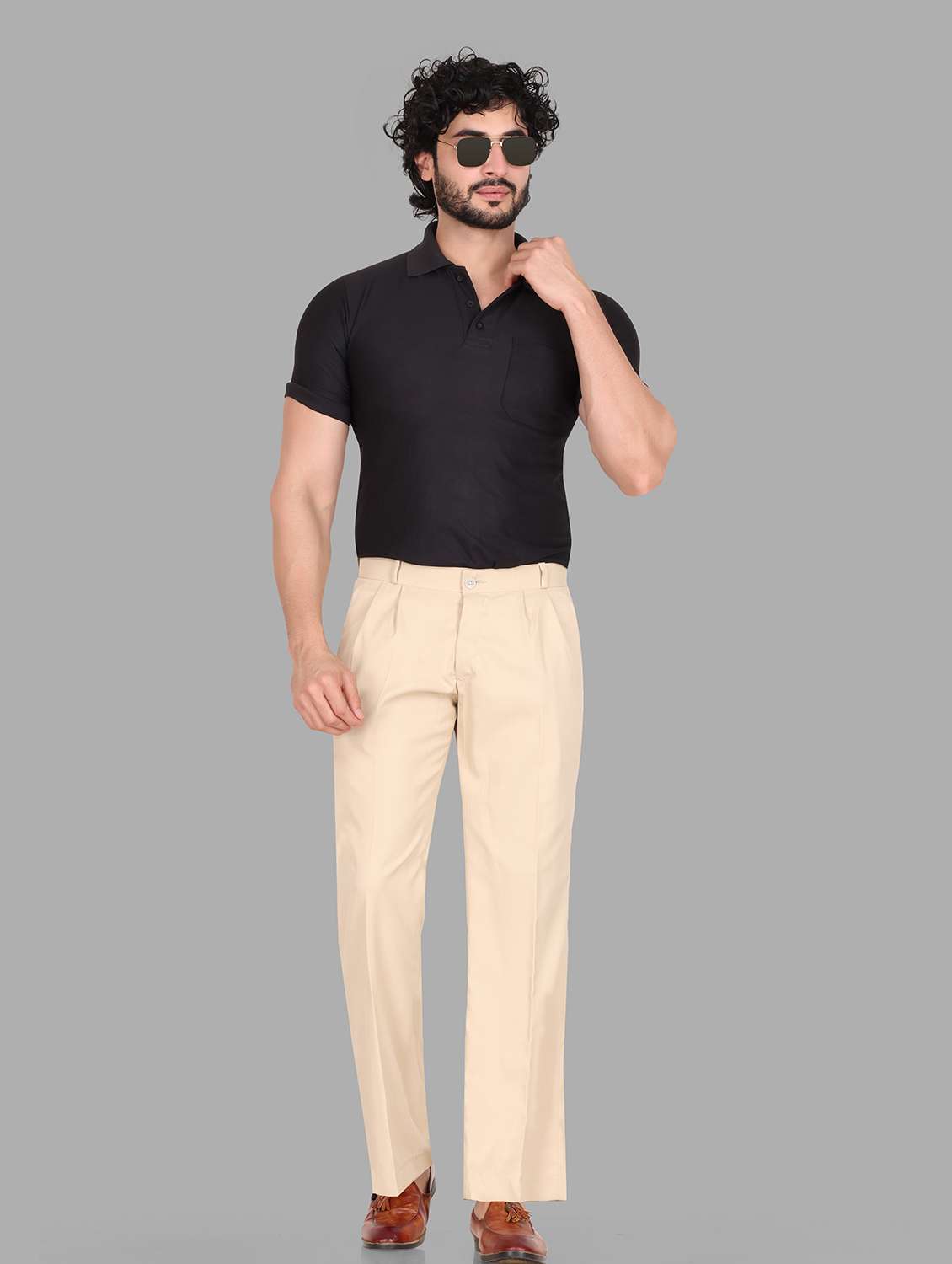 men khaki lycra blend wide leg trouser - 22406509 -  Standard Image - 3