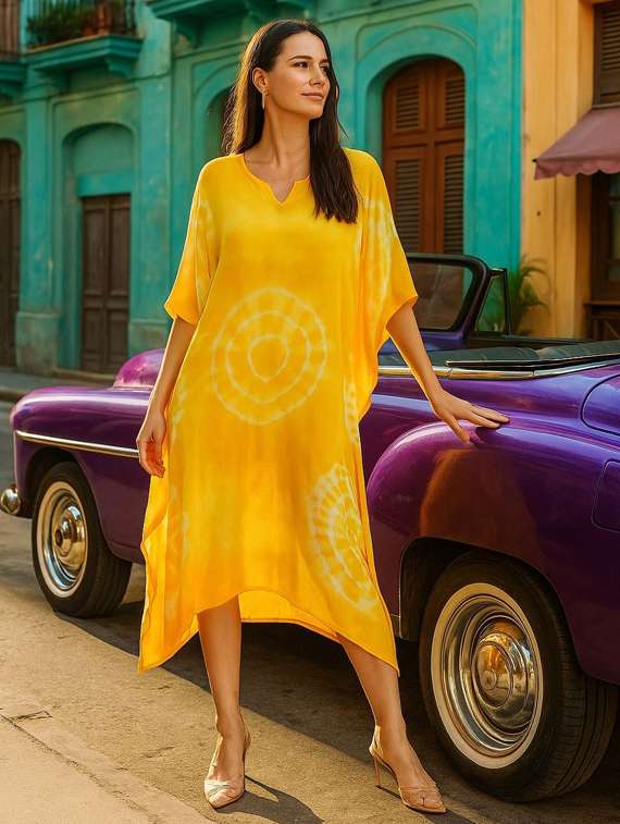 women tie & dyed kimono sleeve kaftan dress