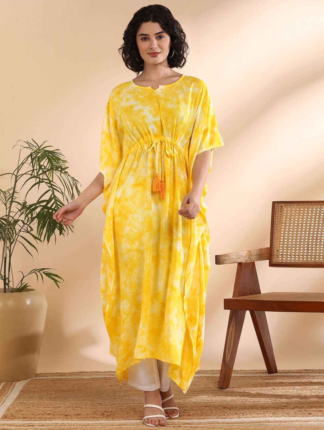 women printed yellow crepe null kaftan
