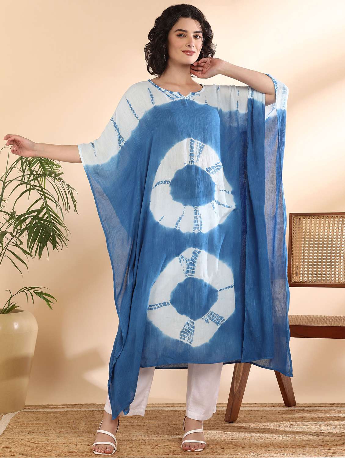 women printed blue crepe null kaftan