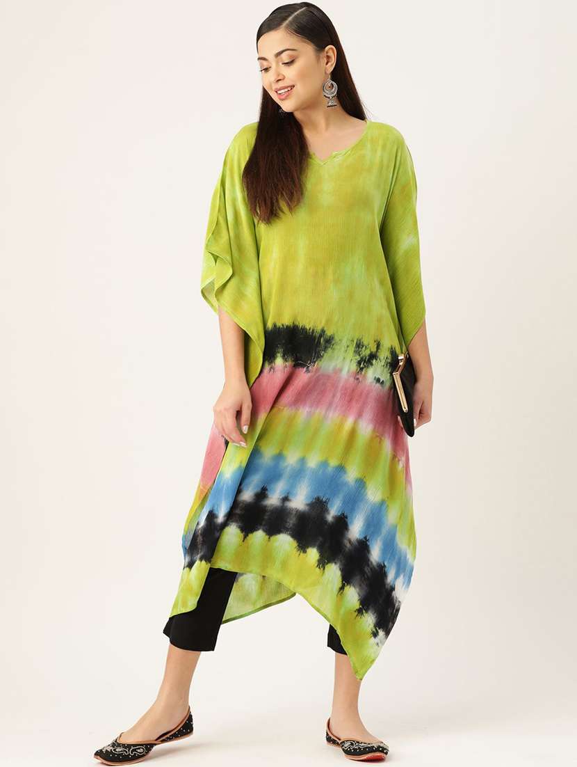 women tie & dye printed kimono sleeve kaftan kurta