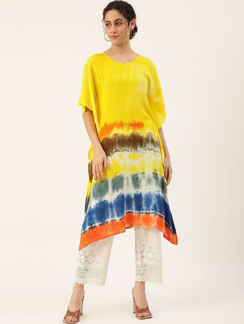 women tie & dye printed kimono sleeve kaftan kurta