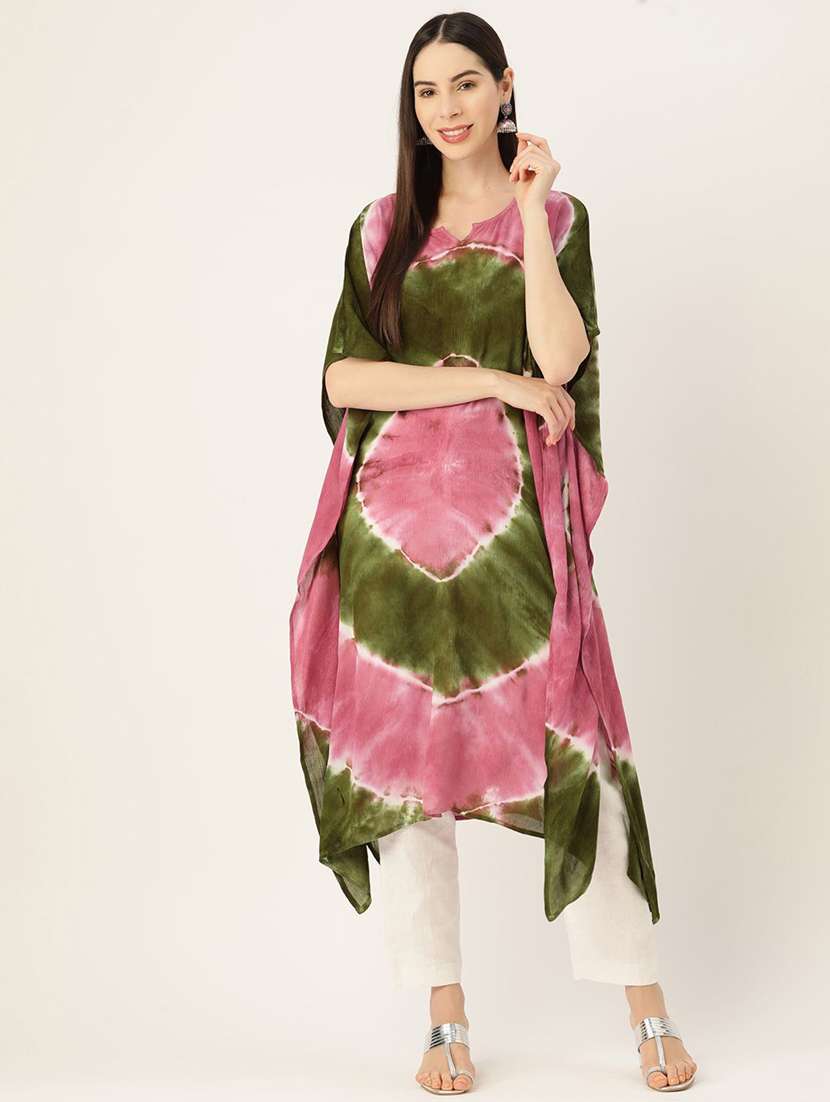 women tie & dye printed kimono sleeve kaftan kurta
