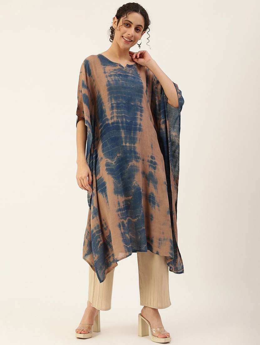 women tie & dye printed kimono sleeve kaftan kurta
