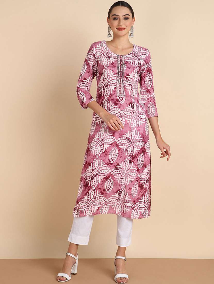 women printed three quarter sleeve straight kurta