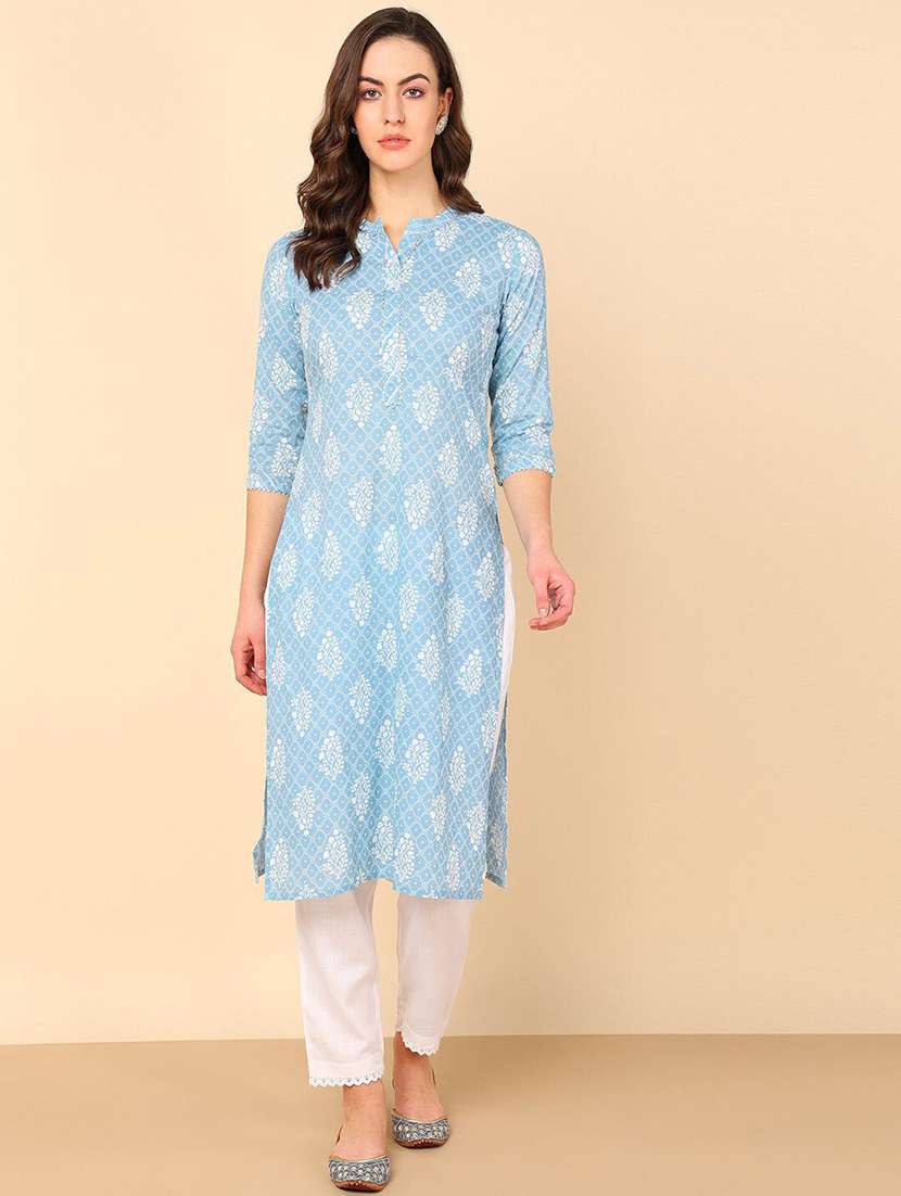women printed three quarter sleeve straight kurta