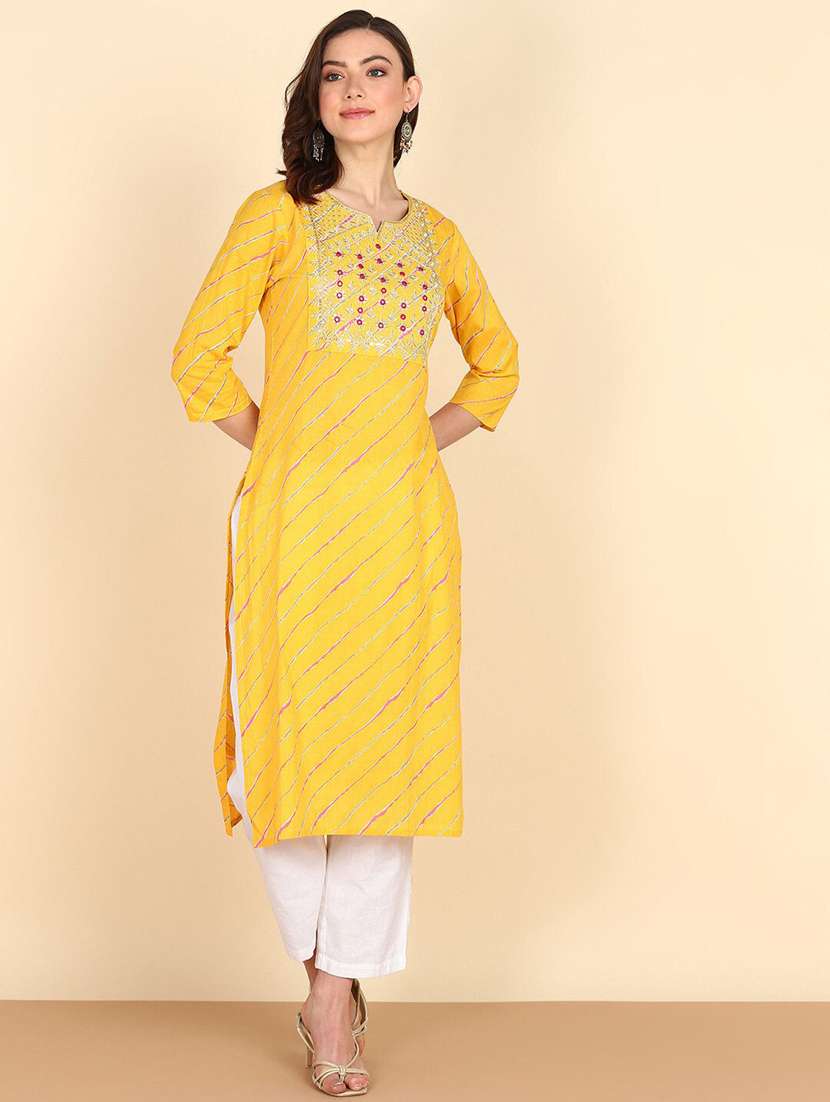 women leheriya printed three quarter sleeve straight kurta