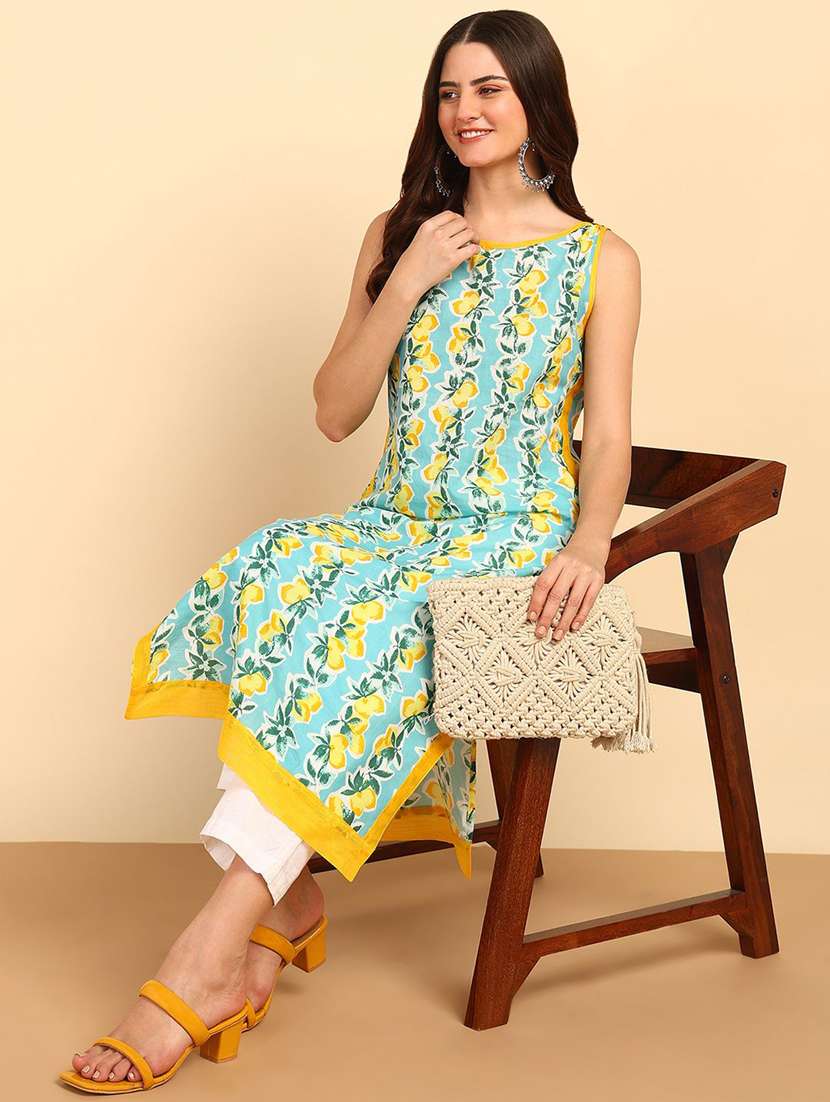 women printed sleeveless straight kurta