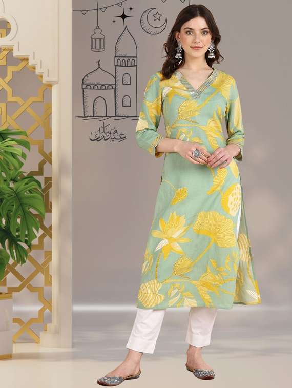 women floral printed three quarter sleeve straight kurta