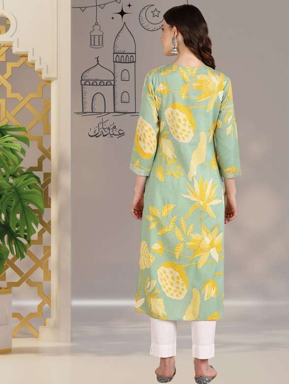 women floral printed three quarter sleeve straight kurta - 22406917 -  Standard Image - 3