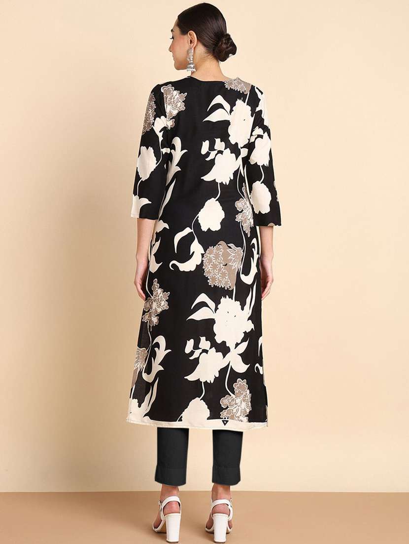 women floral three quarter sleeve a-line kurta  - 22406925 -  Standard Image - 3