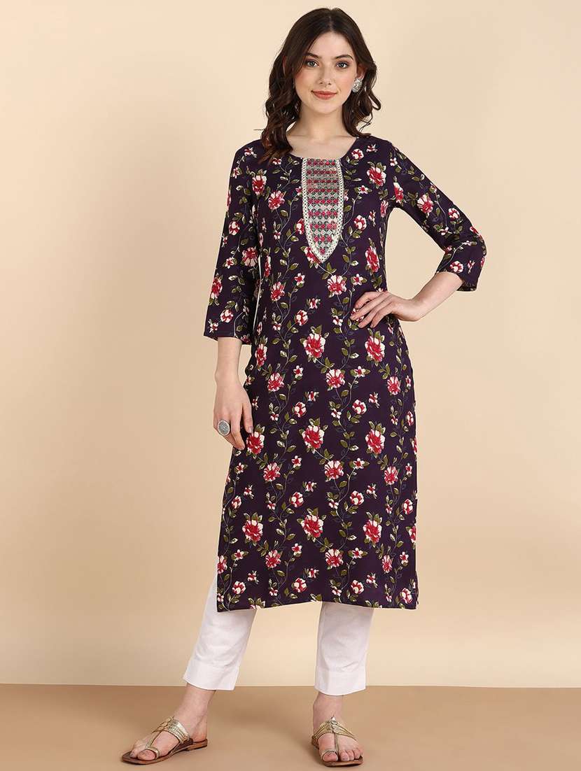 women floral three quarter sleeve straight kurta