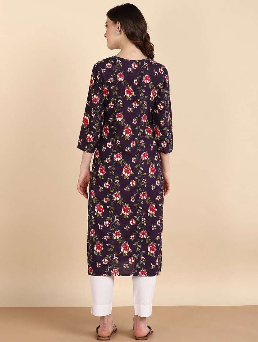 women floral three quarter sleeve straight kurta - 22406930 -  Standard Image - 3
