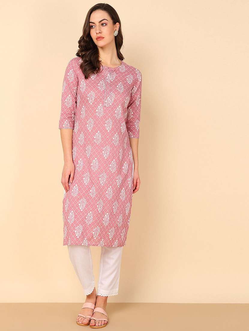 women printed three quarter sleeve straight kurta