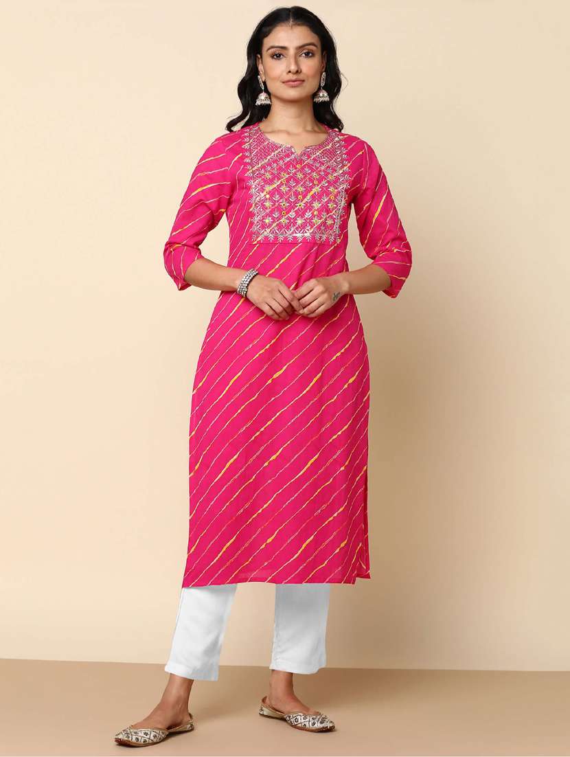 women leheriya three quarter sleeve straight kurta