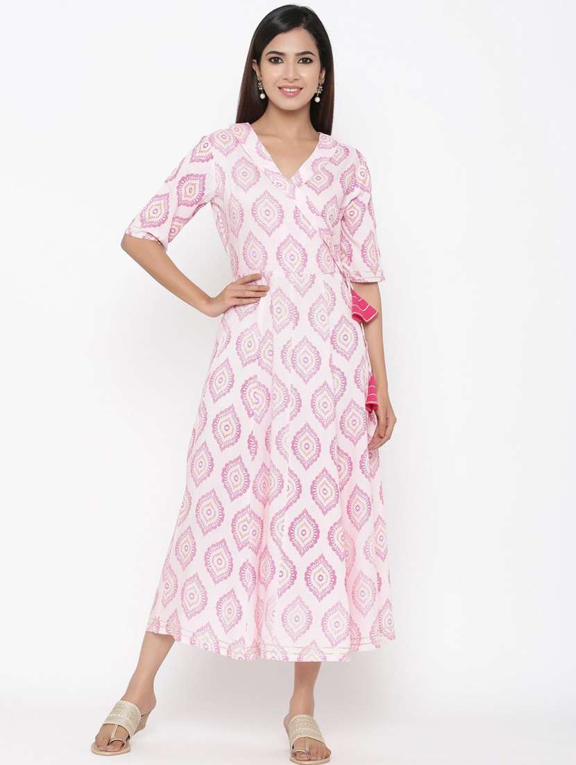 women printed short sleeve angrakha kurta