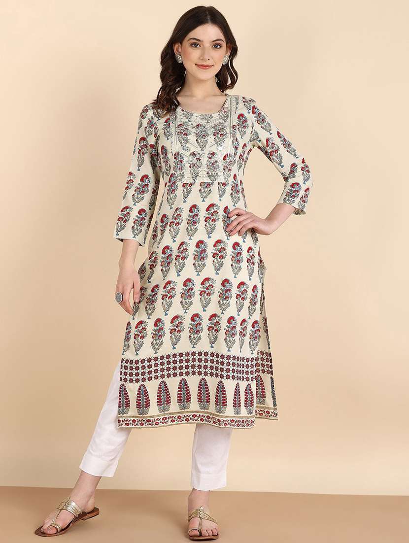 women floral printed three quarter sleeve straight kurta