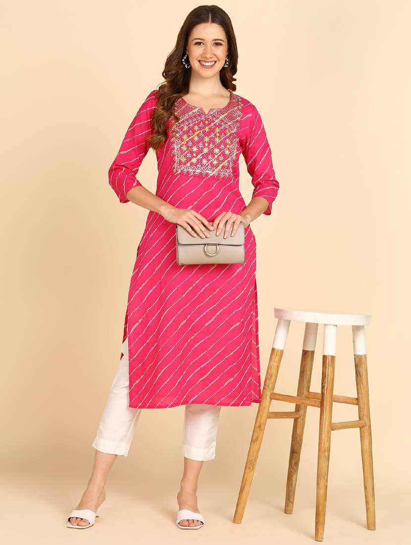 women leheriya three quarter sleeve straight kurta