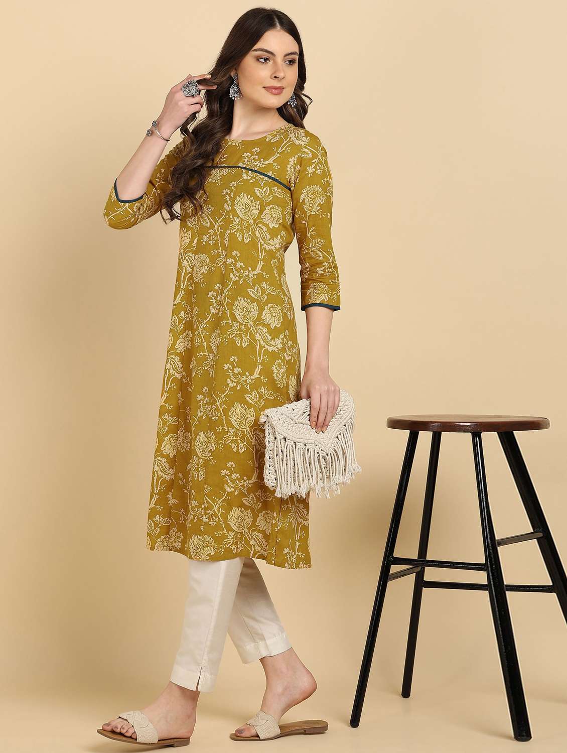 women floral printed three quarter sleeve a-line kurta