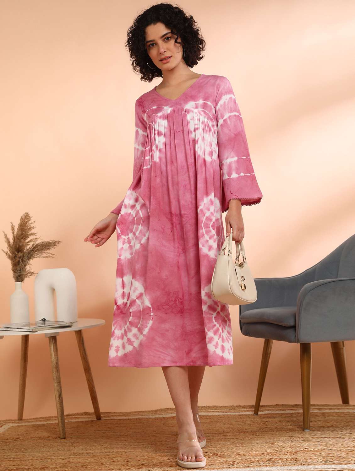 women tie & dye printed long sleeve ethnic dress