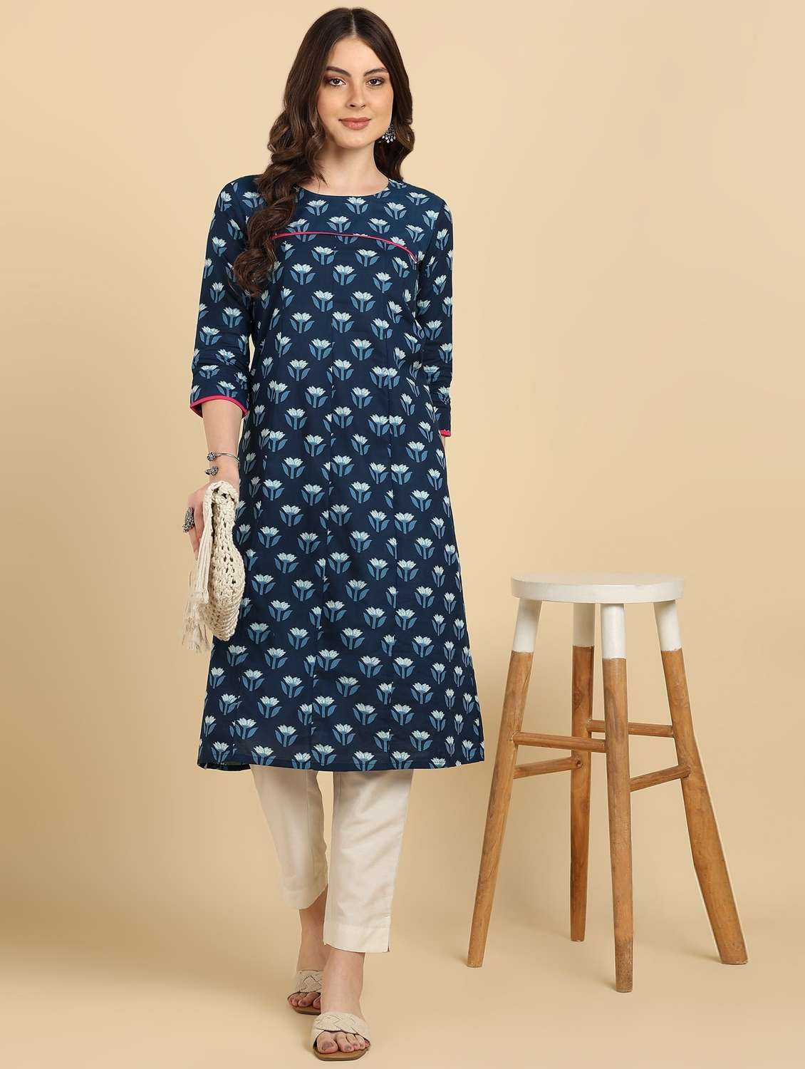 women floral printed three quarter sleeve a-line kurta