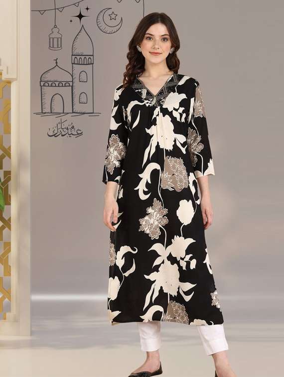 women floral printed three quarter sleeve a-line kurta