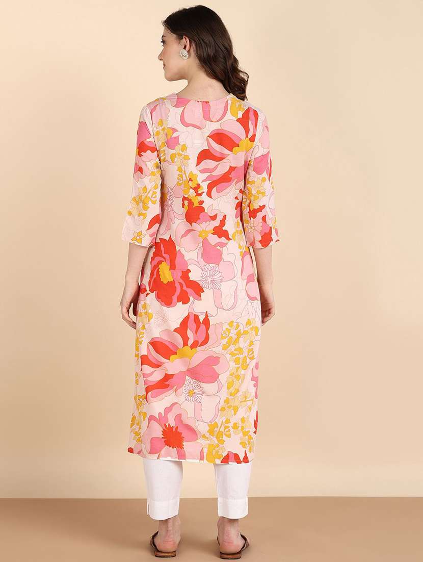 women floral printed three quarter sleeve straight kurta - 22406996 -  Standard Image - 3