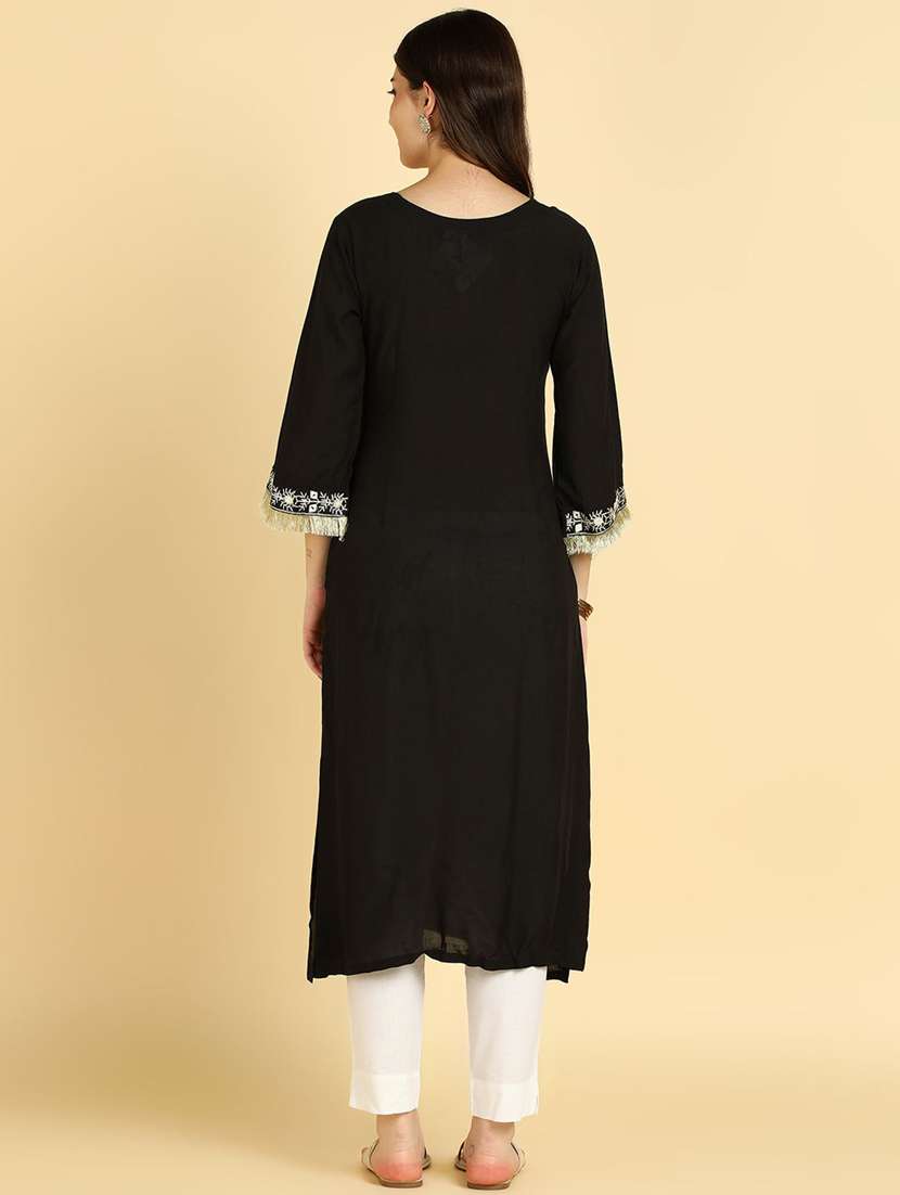 women solid three quarter sleeve straight kurta - 22406997 -  Standard Image - 3