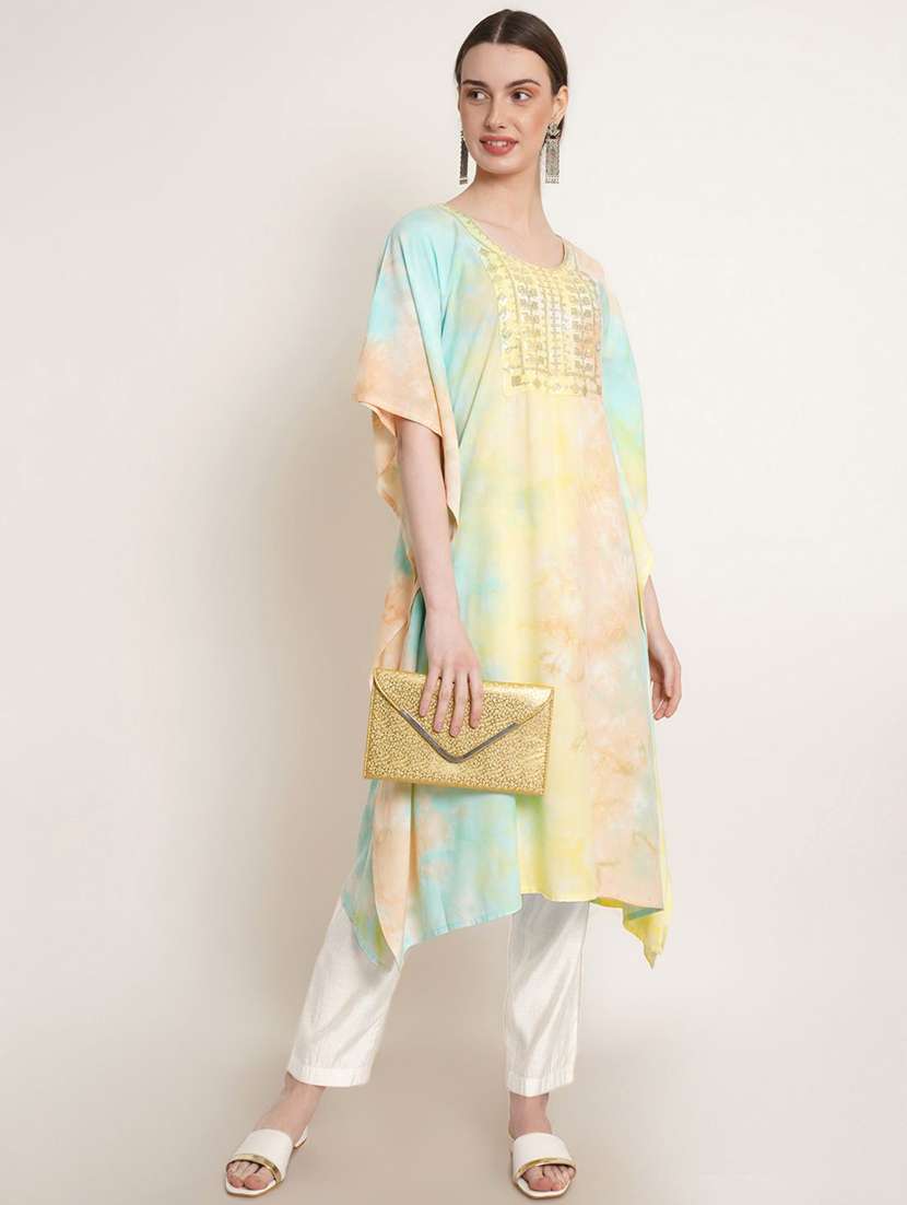 women tie & dye printed kimono sleeve kaftan kurta