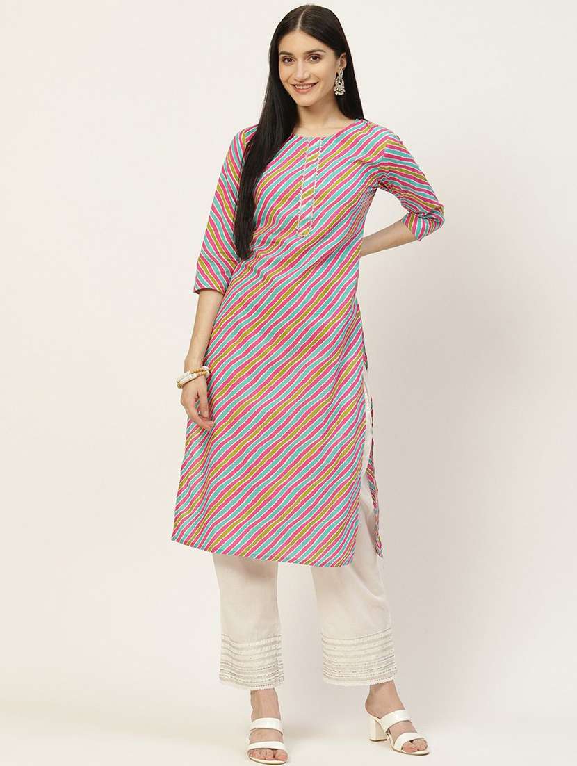 women leheriya three quarter sleeve straight kurta