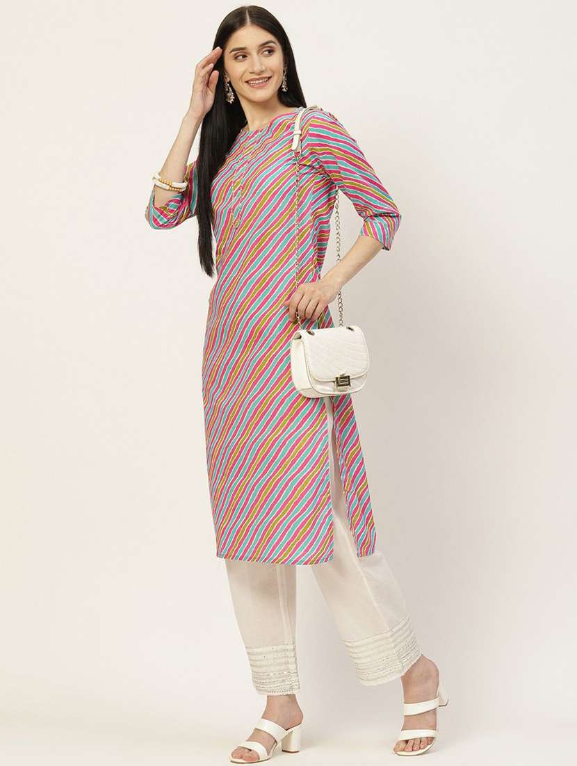 women leheriya three quarter sleeve straight kurta - 22407016 -  Standard Image - 3
