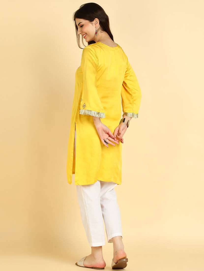 women solid with work three quarter sleeve straight kurta - 22407017 -  Standard Image - 3