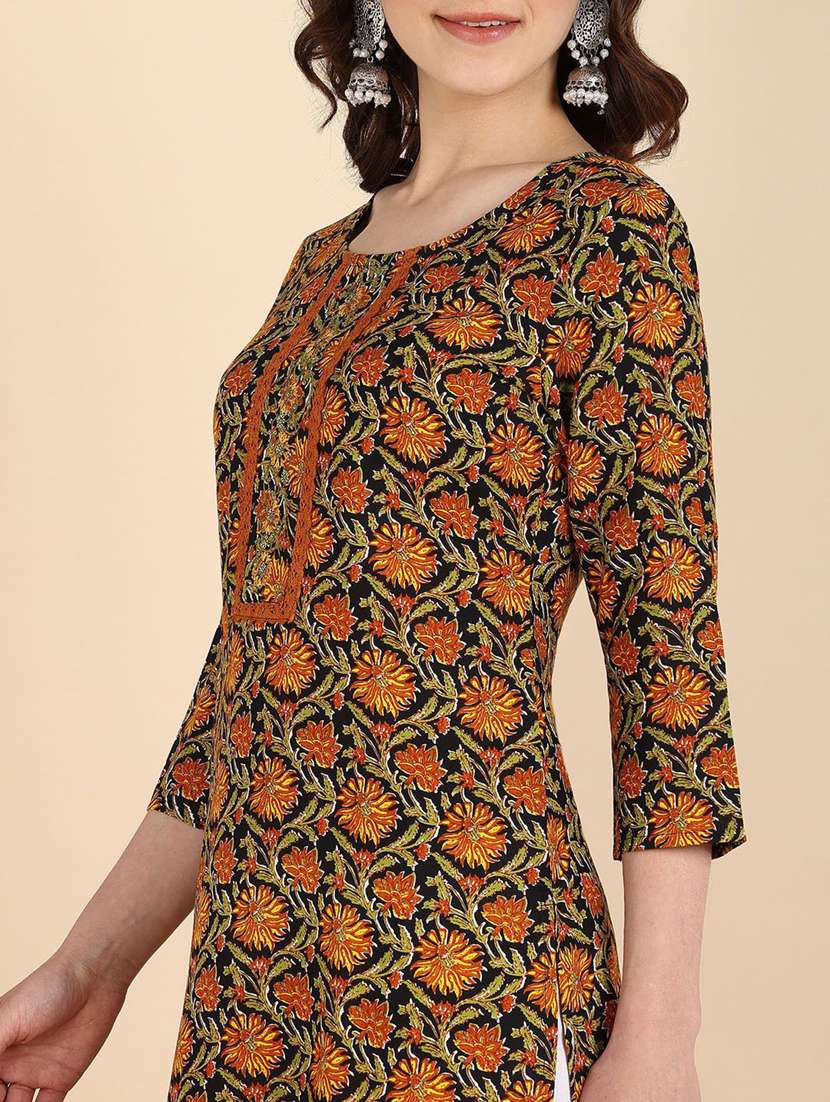 women floral printed three quarter sleeve straight kurta - 22407021 -  Standard Image - 3