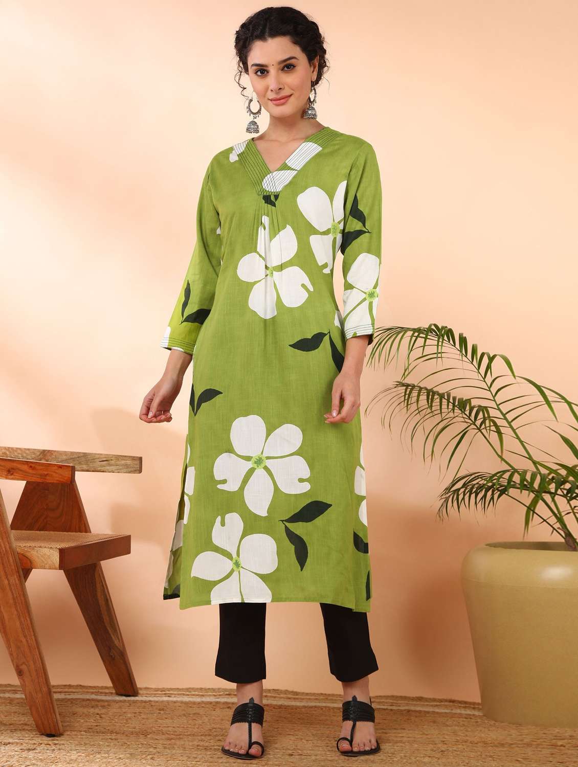 women floral printed three quarter sleeve a-line kurta