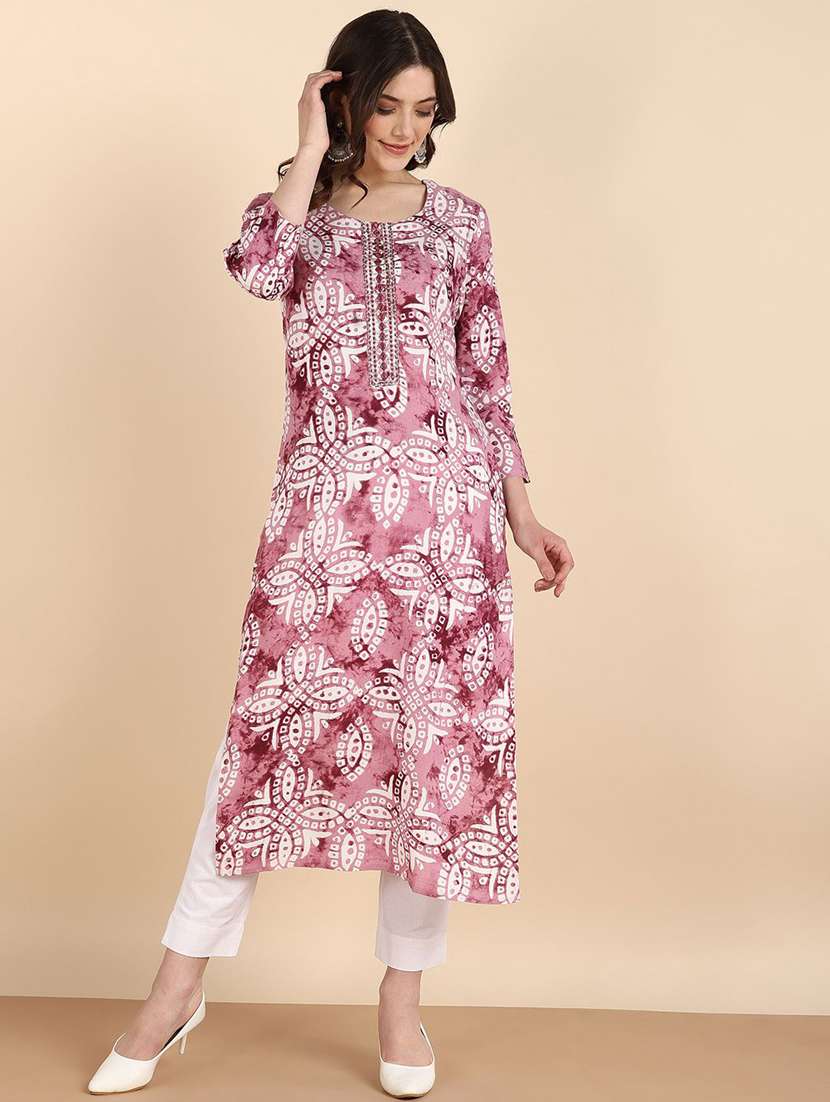 women printed three quarter sleeve straight kurta