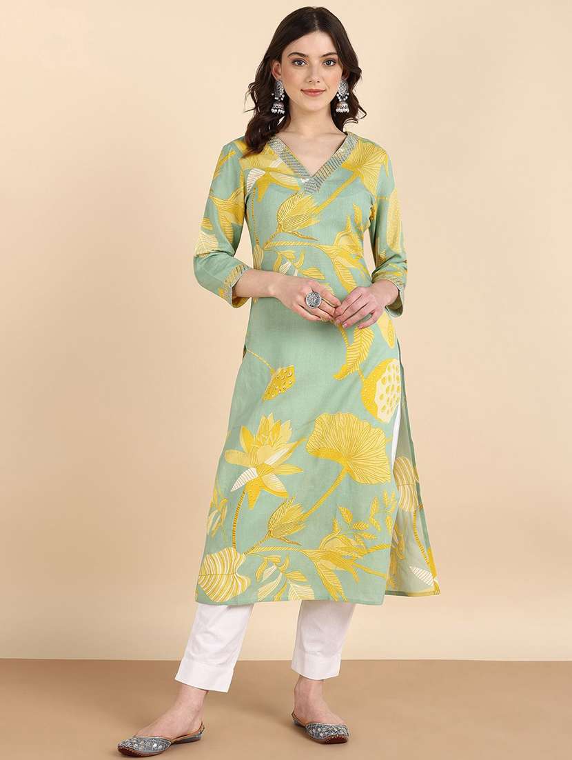 women floral printed three quarter sleeve straight kurta