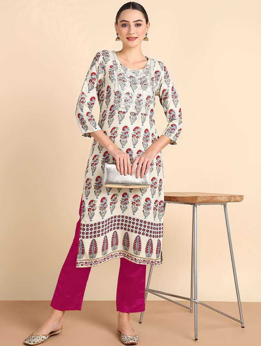 women floral printed three quarter sleeve straight kurta