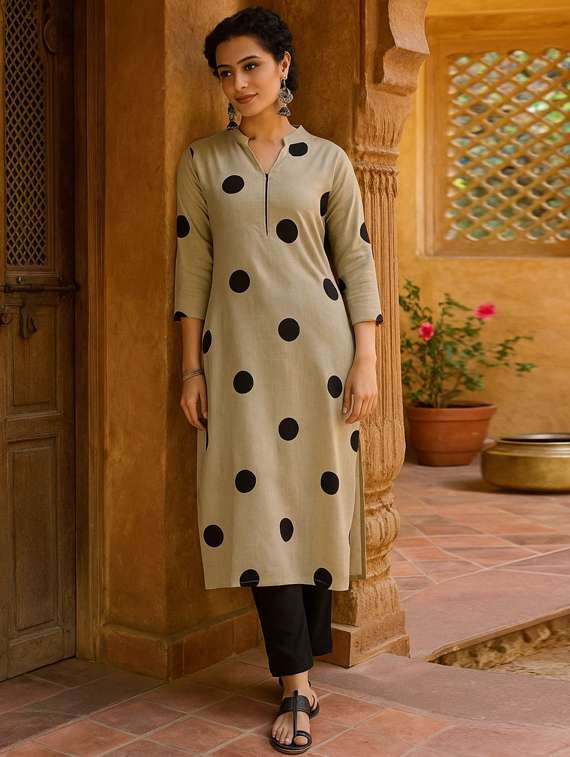 women polka dot three quarter sleeve straight kurta