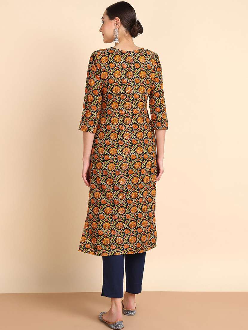 women floral printed three quarter sleeve straight kurta - 22407053 -  Standard Image - 3