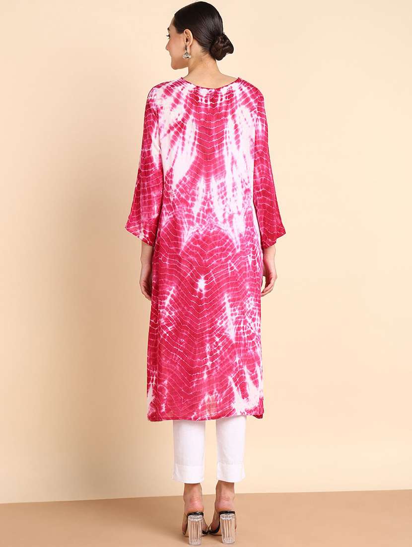 women tie & dye printed three quarter sleeve straight kurta - 22407058 -  Standard Image - 3