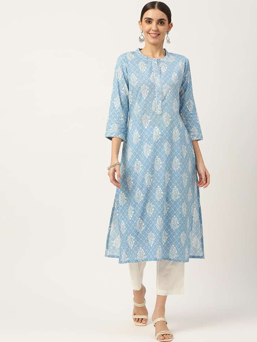 women printed three quarter sleeve a-line kurta