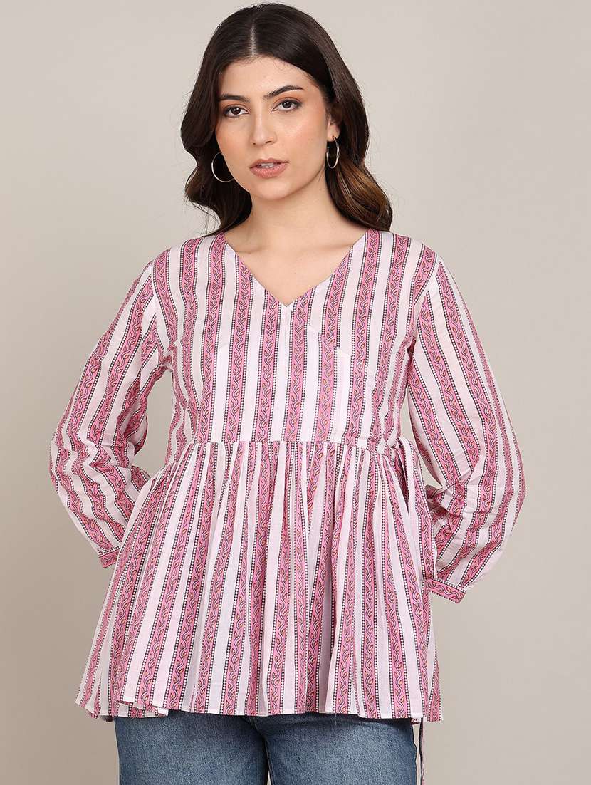 women striped puff sleeve flared top