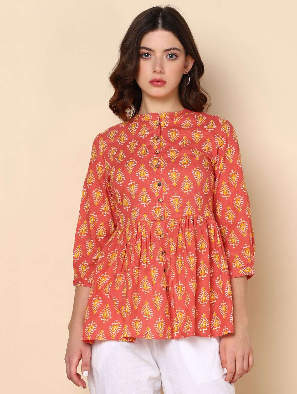 women printed three quarter sleeve flared kurti